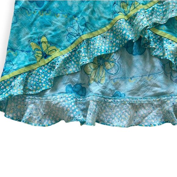 Vintage Y2K Anne Carson Ruffled High Low Slip Skirt Blue Lime Green Floral  L - Picture 5 of 7